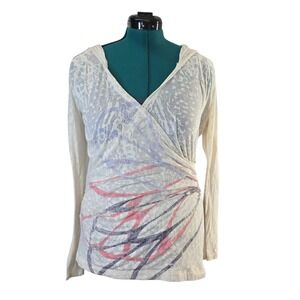 Lucy Womens Long Sleeve Hooded Top Beige Cross‎ Front Lightweight Large